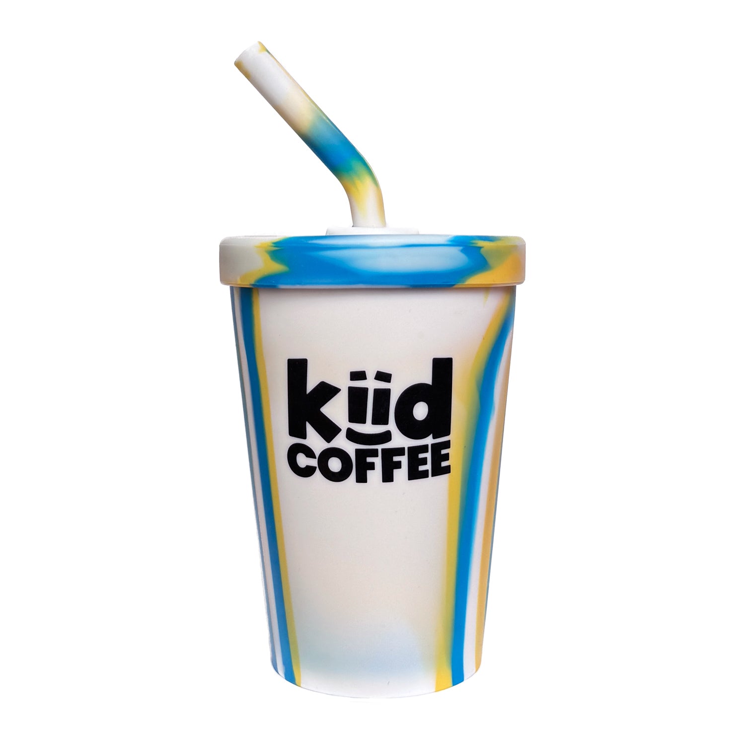 Colorful silicone kids coffee cup with straw featuring 'kiid Coffee' 