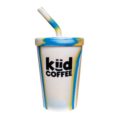 Colorful silicone kids coffee cup with straw featuring 'kiid Coffee' 