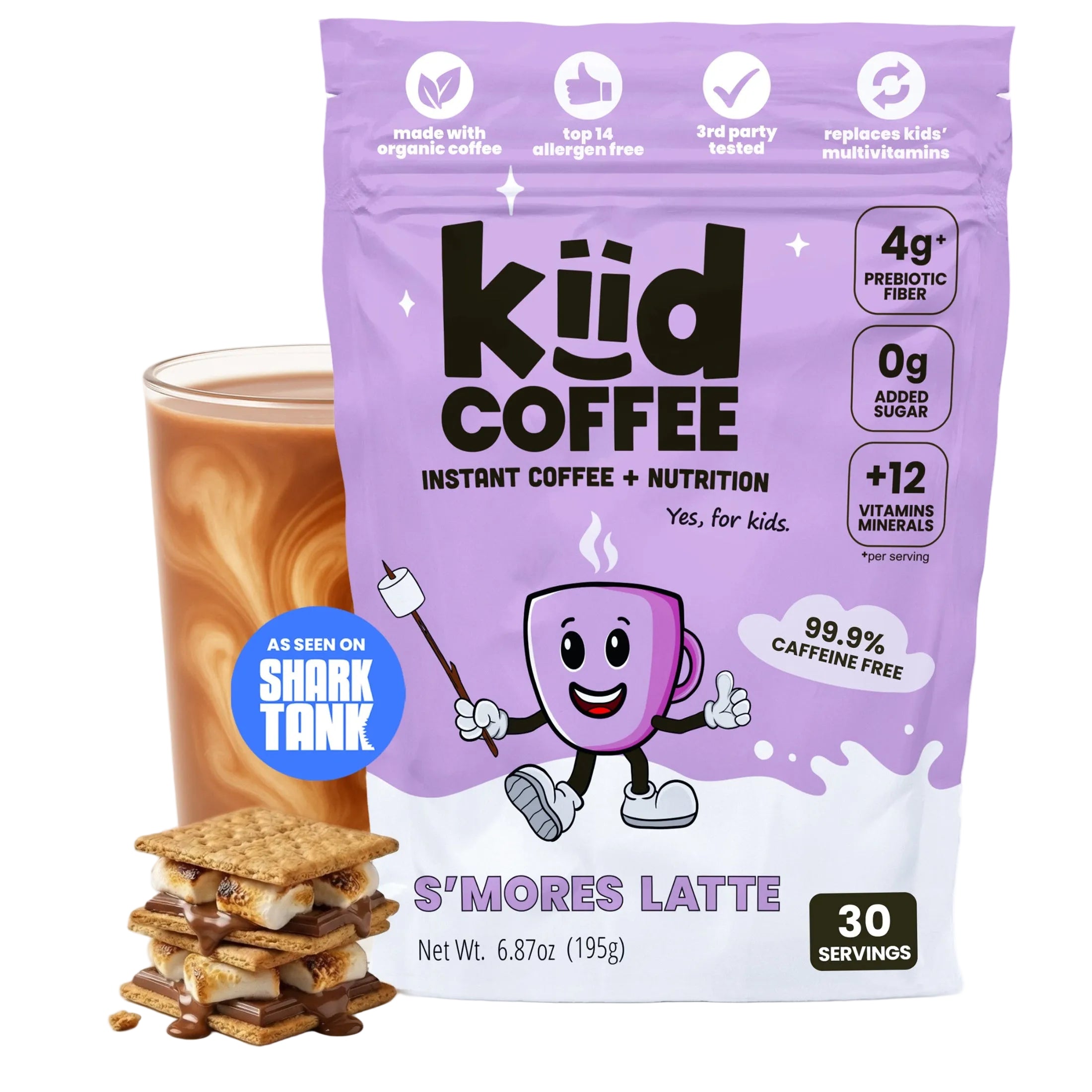 A bag of kid coffee S'mores Latte instant coffee and nutrition powder, shown next to a glass of iced coffee and a stack of s'mores cookies. The packaging is light purple with a cartoon coffee cup character and text highlighting key features.
