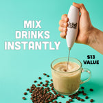 kiid coffee electric mixer and milk frother instantly mixing coffee in glass mug 