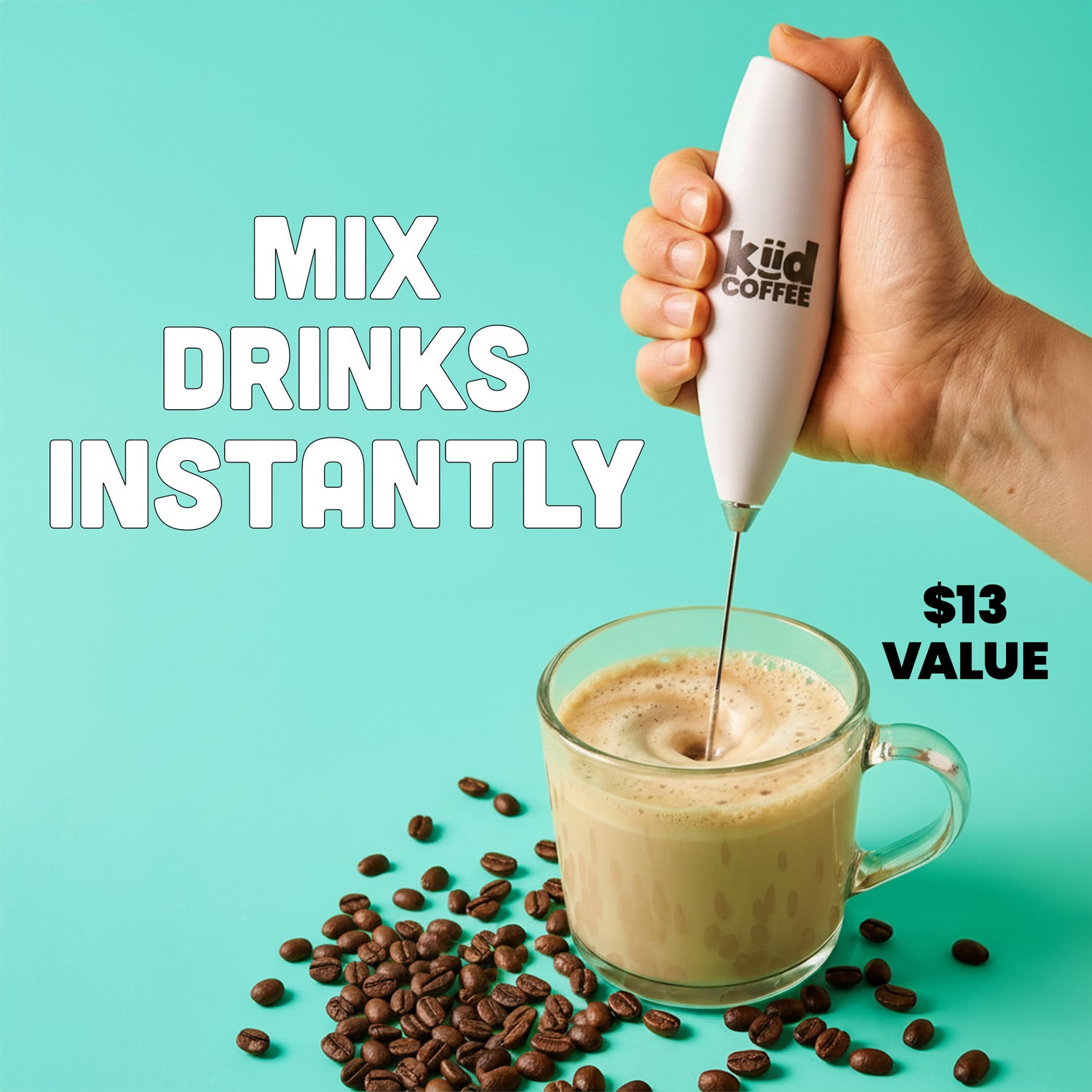 kiid coffee electric mixer and milk frother instantly mixing coffee in glass mug 