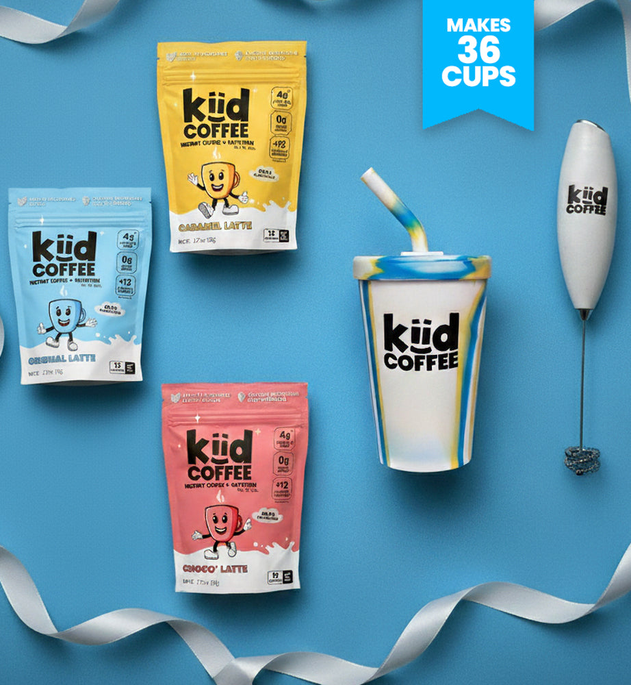 kiid coffee gift bundle with three 12 serving bags of kiid coffee the kiid coffee cup and electric mixer 