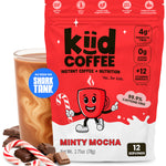 kiid coffee minty mocha package with cup, candy canes and chocolate on white background